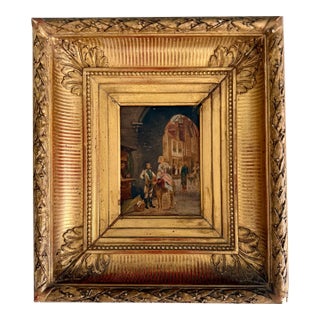 19th Century French Genre Painting on Wood Panel in Original Gilt Frame) For Sale