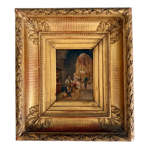 19th Century French OIl Painting on Wood Panel in Original Gilt Frame