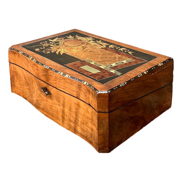Vintage Wood Inlay Writing Desk With Inkwells For Sale