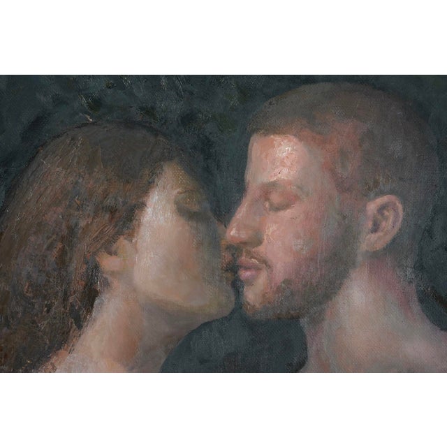 Figurative The Kiss by Nic Thurman | Oil on Oil Ground Prepared Linen of a couple embracing in a forest. For Sale - Image 3 of 4
