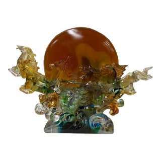 Crystal Glass Wild Horses Galloping Orange Sun Moon Back Sculpture Figure For Sale