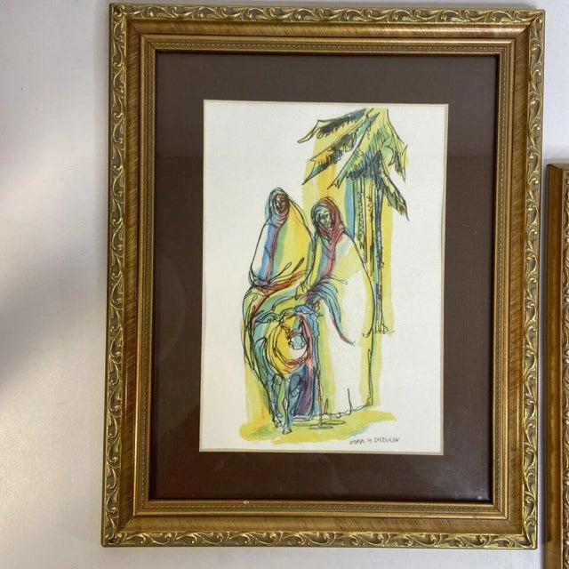 Lot of 2 Zora M Steenson Original Watercolors Christmas Nativity Mary & Joseph and 3 Wisemen Matted Framed 12 x 15...