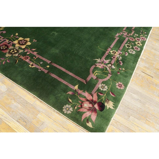 1920s Green Floral Modern Antique Chinese Art Deco Rug 9' X 11' 6" Handknotted Wool Carpet For Sale - Image 10 of 12