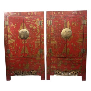 Pair Antique Red Chinoiserie Wedding Cabinets Armoires For Sale