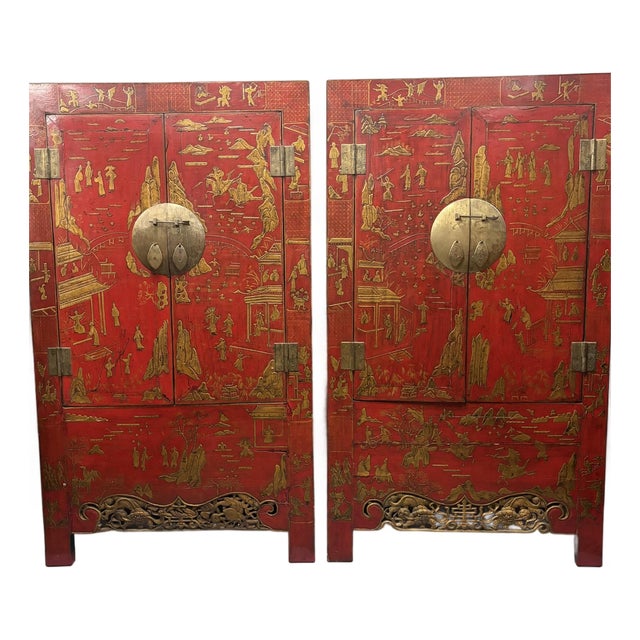 Pair Antique Red Chinoiserie Wedding Cabinets Armoires For Sale