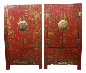 Pair Antique Red Chinoiserie Wedding Cabinets Armoires