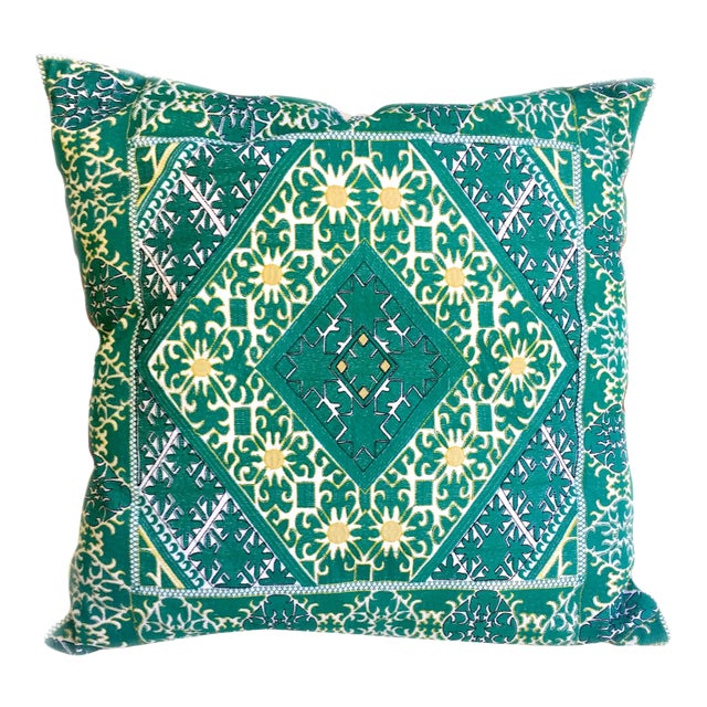 Swati Green Embroidered Pillow For Sale