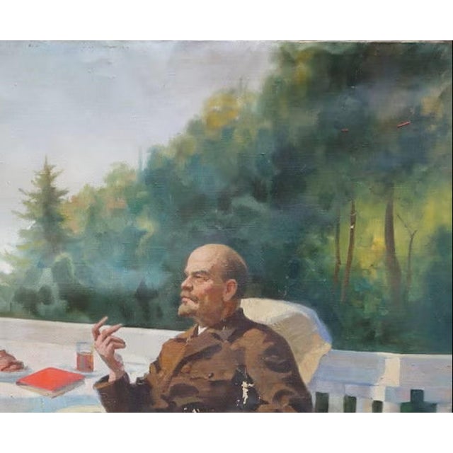 Campaign Lenin and Gorky: Antique Oil Painting, Soviet Socialist Realism, 1970s 120-150 For Sale - Image 3 of 6