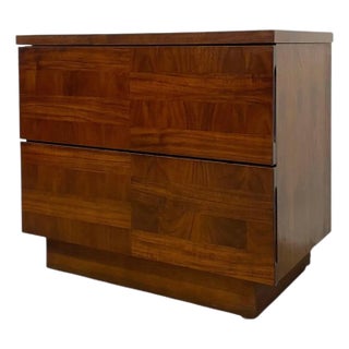 Vintage Mid-Century Modern Two-Drawer Nightstand With Book-Matched Wood Grain. For Sale