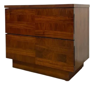 Vintage Mid-Century Modern Two-Drawer Nightstand With Book-Matched Wood Grain.