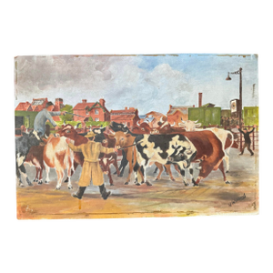 Antique English Oil Painting – Herdsman & Cattle, Signed W. Willbond on Roberson Canvas, C. 1920