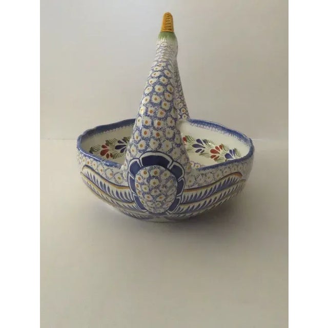 Mid 19th Century Vintage Large Quimper Swan Handle Basket For Sale - Image 5 of 11