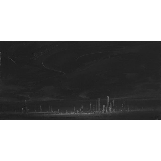 Sprouts by Todd Carpenter | Oil on Board Abstract landscape with dark clouds and vertical structures. For Sale