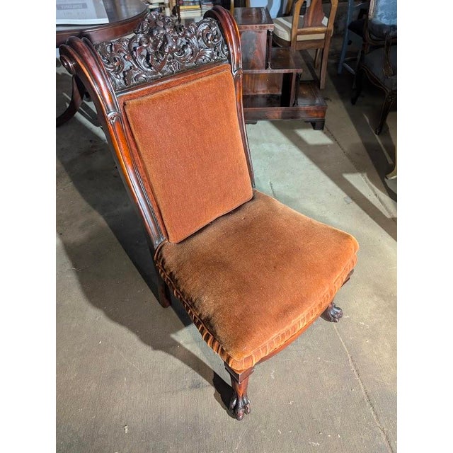 Wood Late 19th Century Renaissance Revival Carved Mahogany Chair – Claw Feet & Rich Velvet Upholstery For Sale - Image 7 of 8