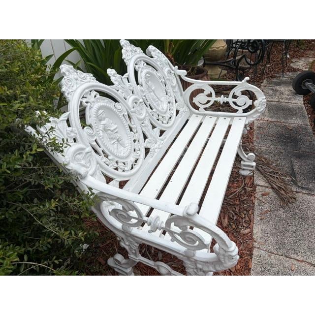 Metal Pair of White Antique Style Cast Iron Figural Seasons Garden Bench For Sale - Image 7 of 9