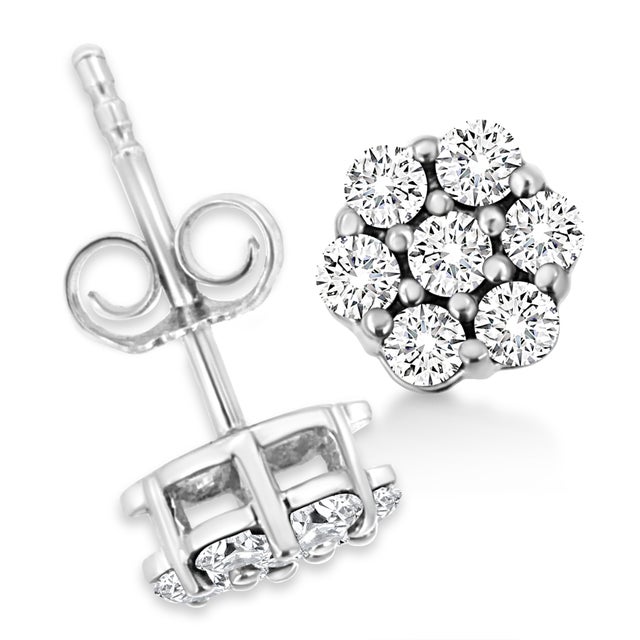14K White Gold 1/2 Cttw Prong Set Round-Cut Diamond Flower Stud Earring (H-I Color, I1-I2 Clarity) For Sale - Image 4 of 6