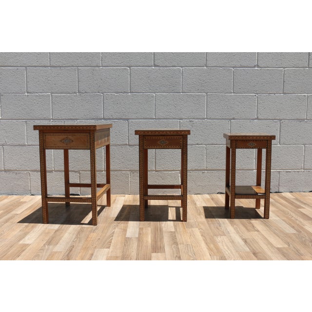Islamic Vintage Moroccan Inlaid Nesting Tables | Moorish Geometric Side Tables Set of 3 For Sale - Image 3 of 18