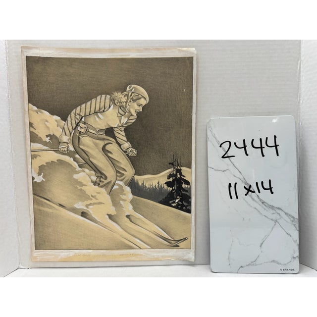 Paper 1940s Original Signed Graphite Illustration of Female Skier Descending Slope, 14 X 11 In. For Sale - Image 7 of 7