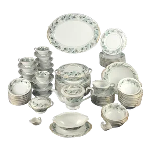 1950s Noritake Argyle China Dinnerware in Soft Floral / Leaves Pattern, Service for 12, 5311- 93 Pieces