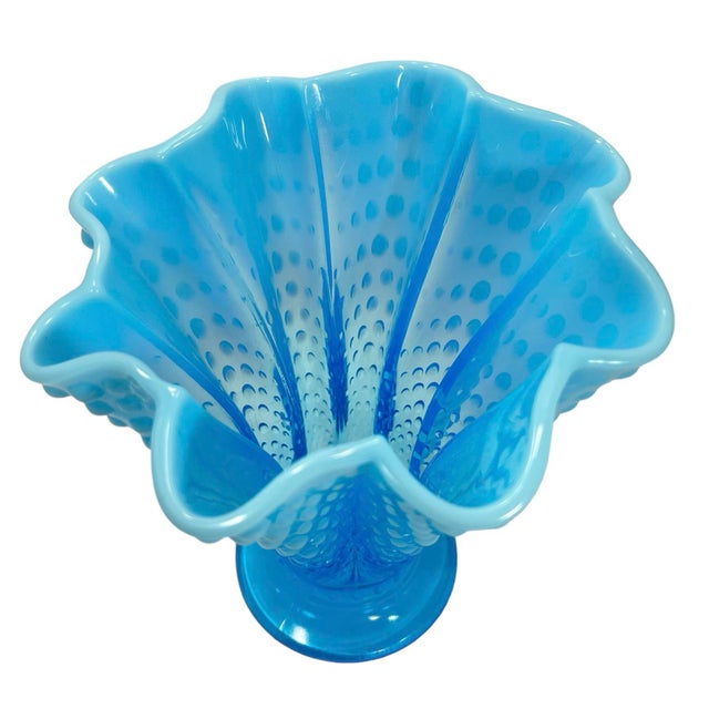 Fenton Art Glass Company Vintage Fenton Art Glass Blue Opalescent Ruffled Vase For Sale - Image 4 of 7