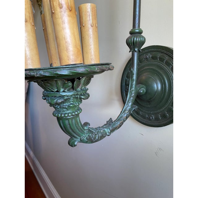 Fabulous Pair of Large Beau Arts Acanthus Leaf Pattern Wall Scones in Original Old Green Paint, Circa 1910 For Sale - Image 4 of 10