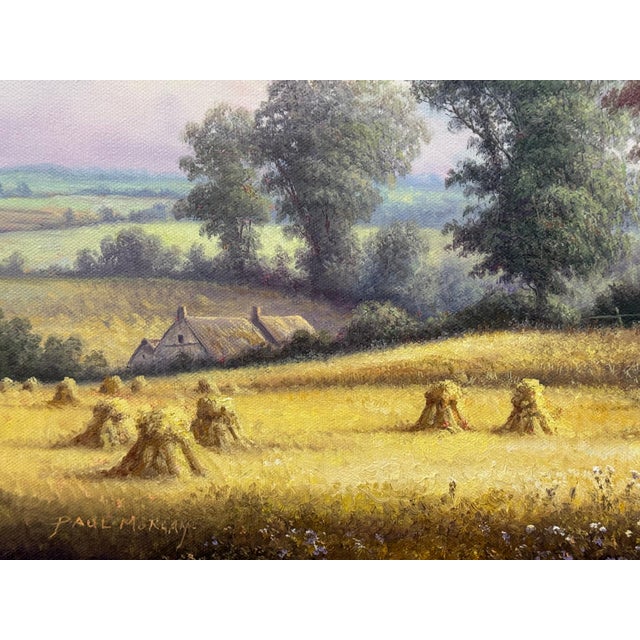 Sky Blue Vintage Painting of Harvest Time in the English Countryside by British Artist 1990 Circa For Sale - Image 8 of 17