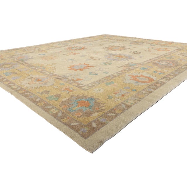 52735 Vintage Modern Turkish Oushak Rug with Transitional Style 12'05 x 14'09. Infused with the poetic spirit of Anatolian...