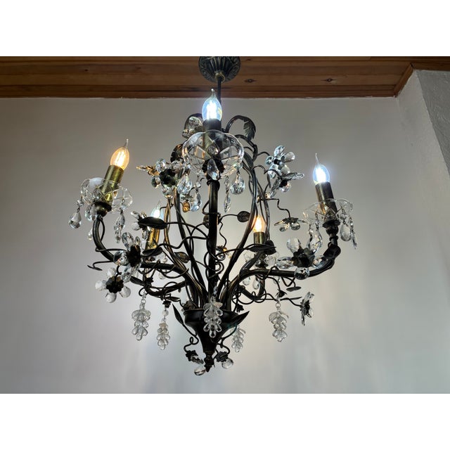 Art Deco Large Vintage 1990s Wrought Iron Floral Chandelier With Crystal Flowers & Grape Details For Sale - Image 3 of 18