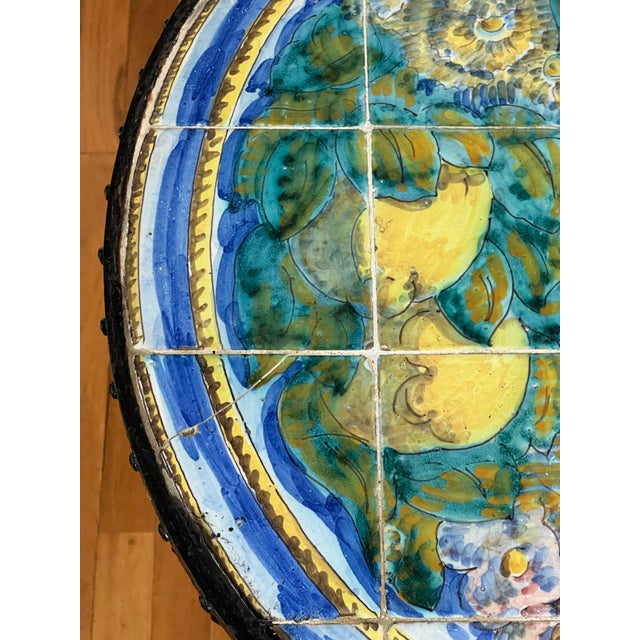 Black Italian Hand-Painted Ceramic Tile Top Bistro, Side Table With Wrought Iron Base, 1950s For Sale - Image 8 of 15