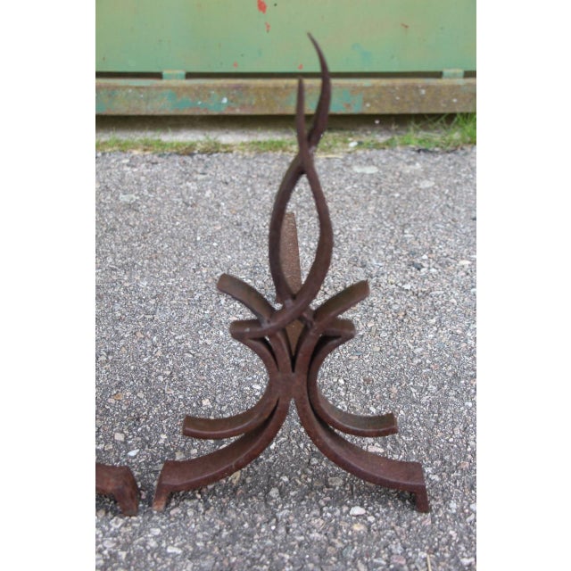 Flame Andirons attributed to Raymond Subes, 1930s, Set of 2 For Sale - Image 3 of 7