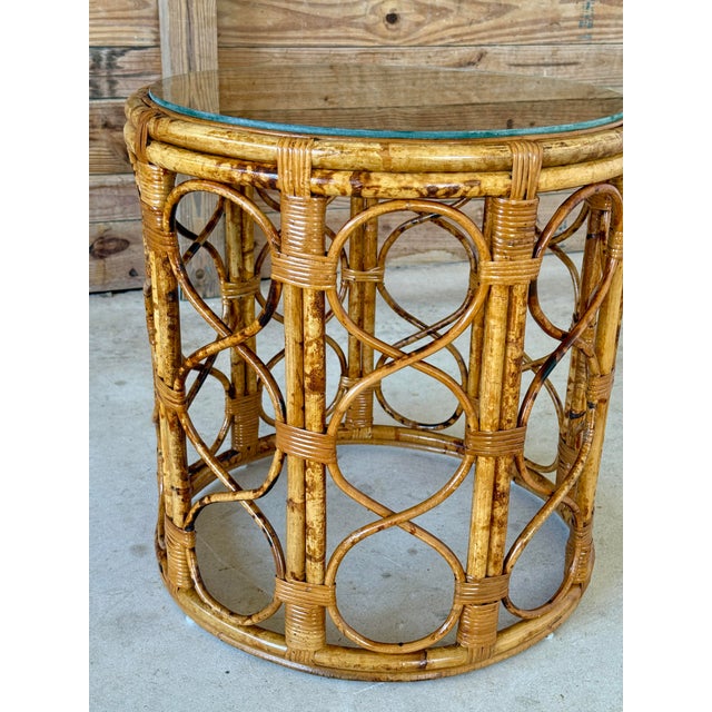 Wood Mid-20th Century Coastal Refinished Tortoise Rattan Cane Drum Side Table For Sale - Image 7 of 11