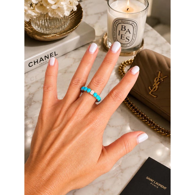 Turquoise 14k Gold Persian Turquoise Eternity Band With Diamond Accent, Size 7.5 For Sale - Image 8 of 8