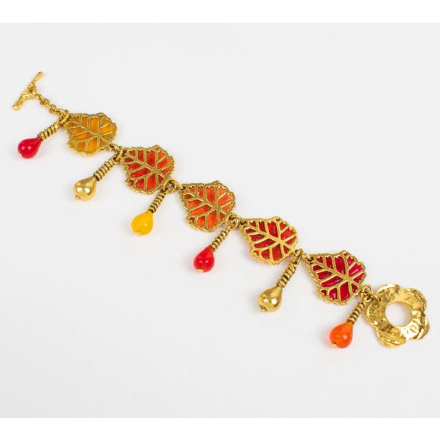 Contemporary Kenzo Paris Gilt Metal and Multicolor Resin Leaves Bracelet For Sale - Image 3 of 9