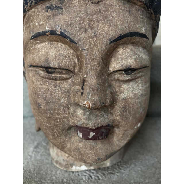Carved and Polychromed Wooden Buddha Head For Sale In Philadelphia - Image 6 of 11