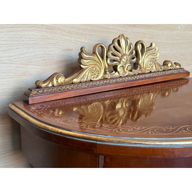 20th Century Pair of Demilune Swan Nightstands With Marquetry Top and Crest For Sale - Image 9 of 13