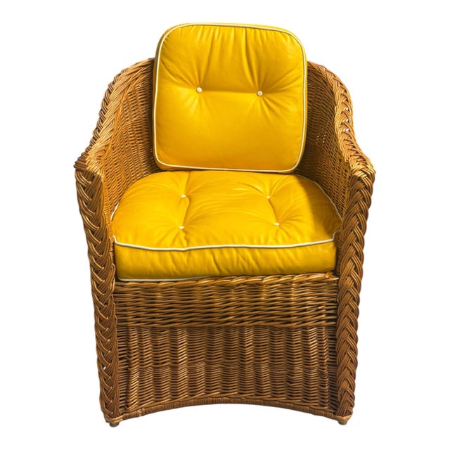 6 McGuire wicker chairs with blue, teal, red, and yellow cushions. These chairs are in a set with the McGuire couch, 2...