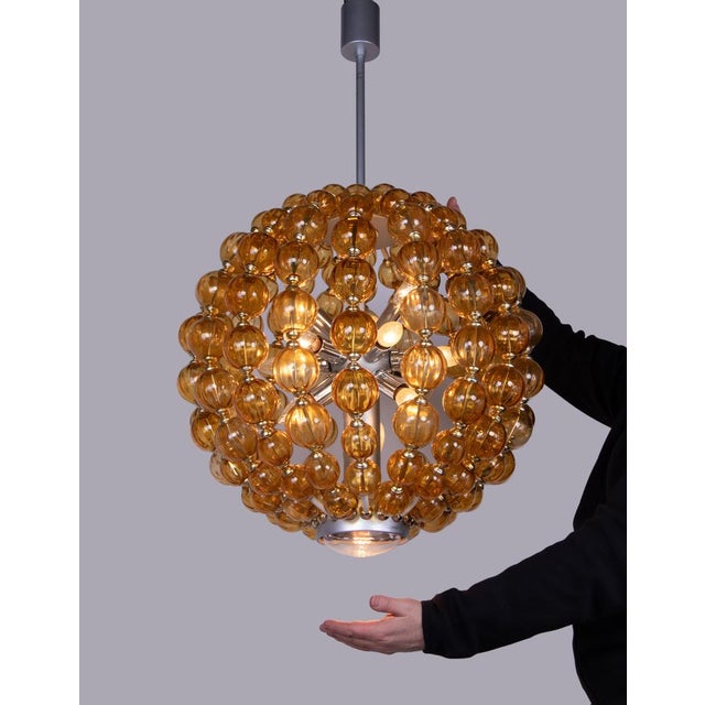 Handcrafted Ballroom Chandelier with Amber Glass Balls from VEB Deutsche Werkstätten Hellerau, Germany, 1960s For Sale - Image 10 of 12