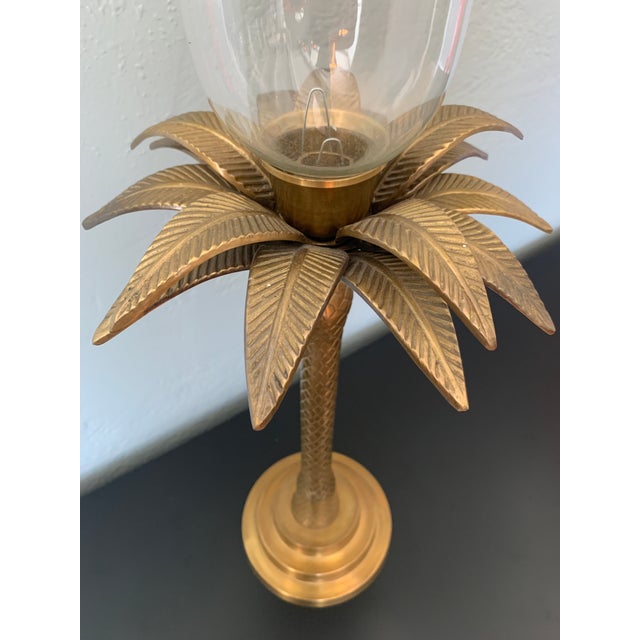 Mid 20th Century Large Brass Palm Taper Candle Holder With Glass Hurricane For Sale - Image 4 of 7