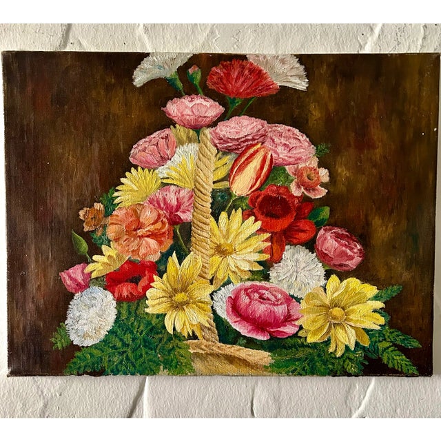 Canary Yellow Original Still Life "Spring Flower Basket" Oil on Canvas For Sale - Image 8 of 8