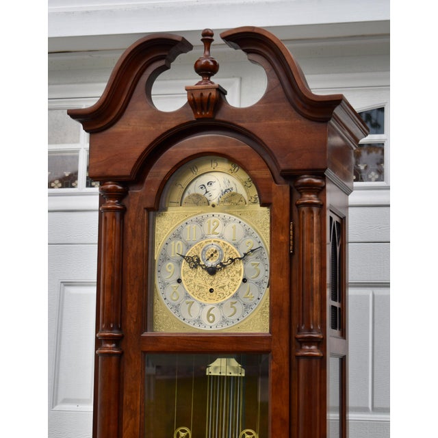 Ridgeway Cherry Grandfather Clock Vintage Brass Dial Moving Moon Phase Windsor For Sale - Image 13 of 18