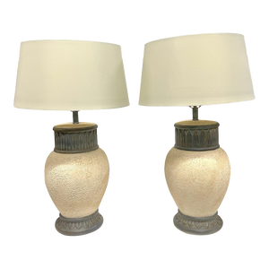 1980s Safari Plaster Table Lamps With Sage Green Shades - A Pair.