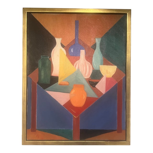 Midcentury Modern Abstract Still Life Painting on Canvas, Geometric Composition of Bottles, Signed, Dated For Sale