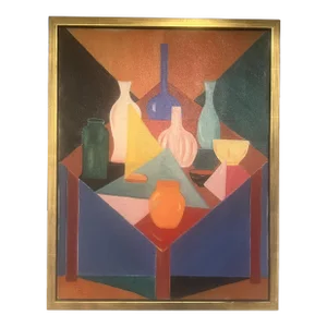 Midcentury Modern Abstract Still Life Painting on Canvas, Geometric Composition of Bottles, Signed, Dated