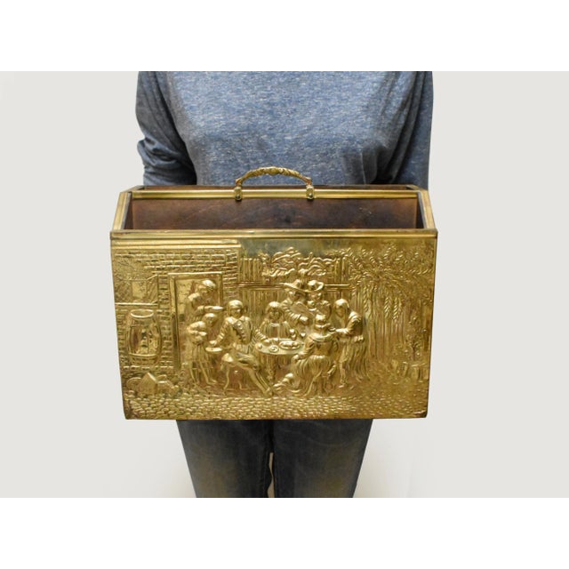 Vintage England Scene Embossed Brass and Wood Magazine Holder Rack by Lambard For Sale - Image 10 of 11