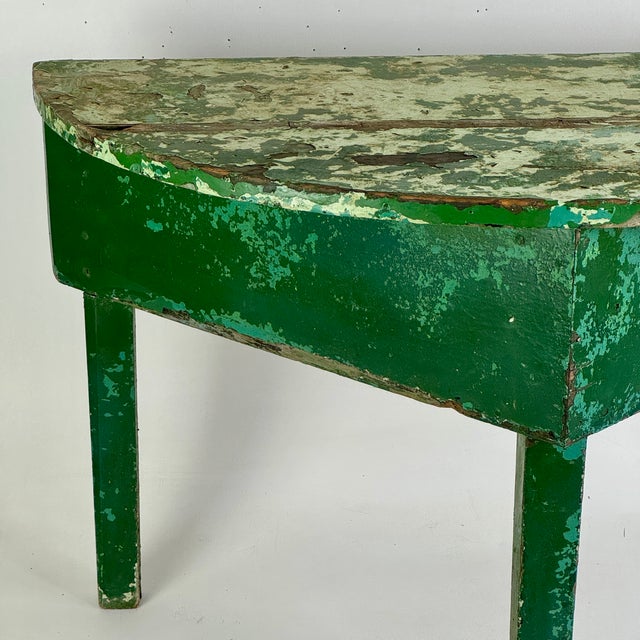 Early 20th Century Early 20th Century Demilune Shaped Hand Constructed Wooden Accent Table in Naturally Distressed Avocado Green For Sale - Image 5 of 13