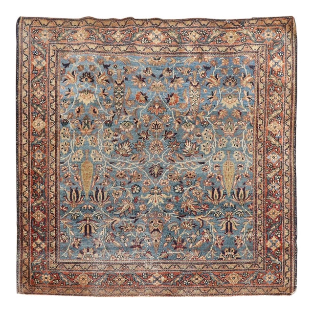 Early 20th Century Blue Square Sarouk Farahan Small Rug - 3'11" x 4'3" For Sale