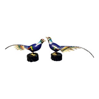 Pair Cloisonne Pheasants Large Chinese Sculpted Gilt Birds Qing Dynasty For Sale