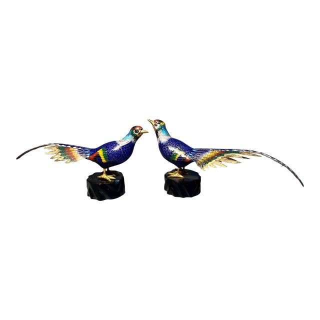 Pair Cloisonne Pheasants Large Chinese Sculpted Gilt Birds Qing Dynasty For Sale