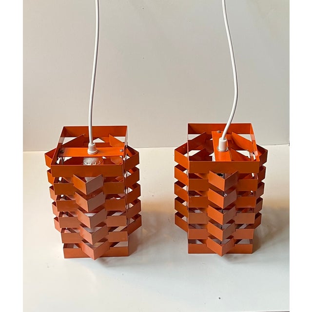 Metal Orange Geometric Octave Pendant Lamps from Niels Esmann & H. C. Jensen, 1960s, Set of 2 For Sale - Image 7 of 11