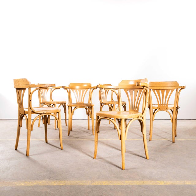 Blonde Fan Back Armchairs with Patterned Seat, 1950s, Set of 4 For Sale - Image 3 of 11